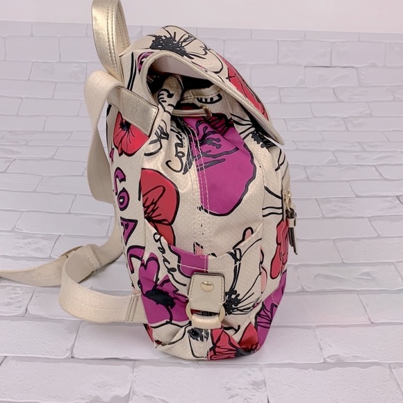 Coach Poppy Floral Fabric backpack Gold pink Medium Drawstring Adjustable Rare - Picture 7 of 17
